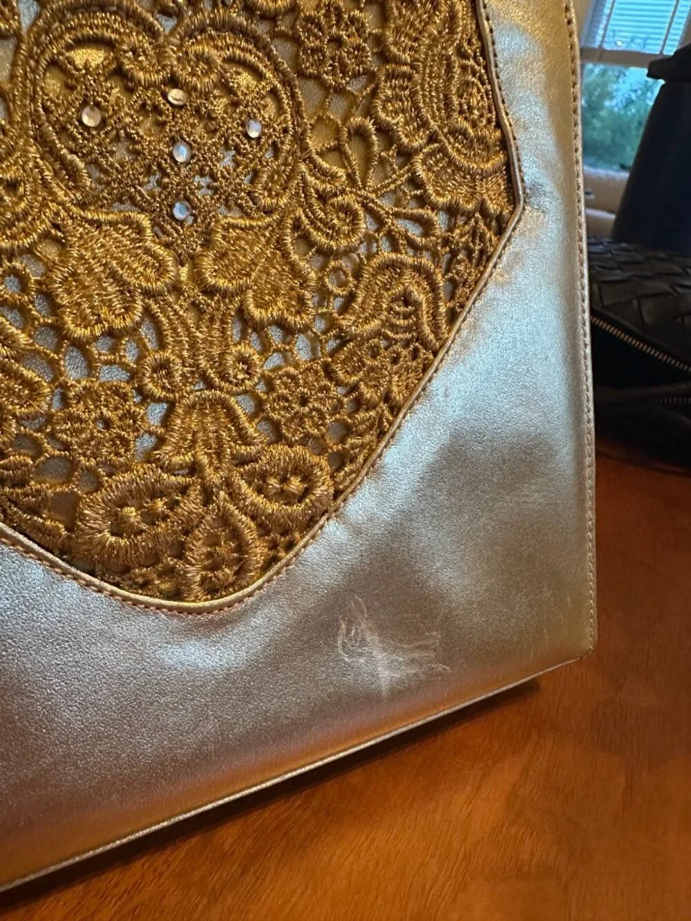 Stuart Weitzman Vintage Metallic Gold Patent Leather and Lace Evening Bag RARE
